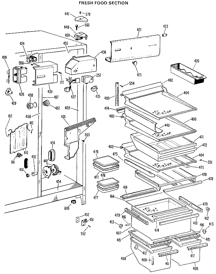 FRESH FOOD SECTION Diagram and Parts List for TFX27EJF  General Electric Refrigerator
