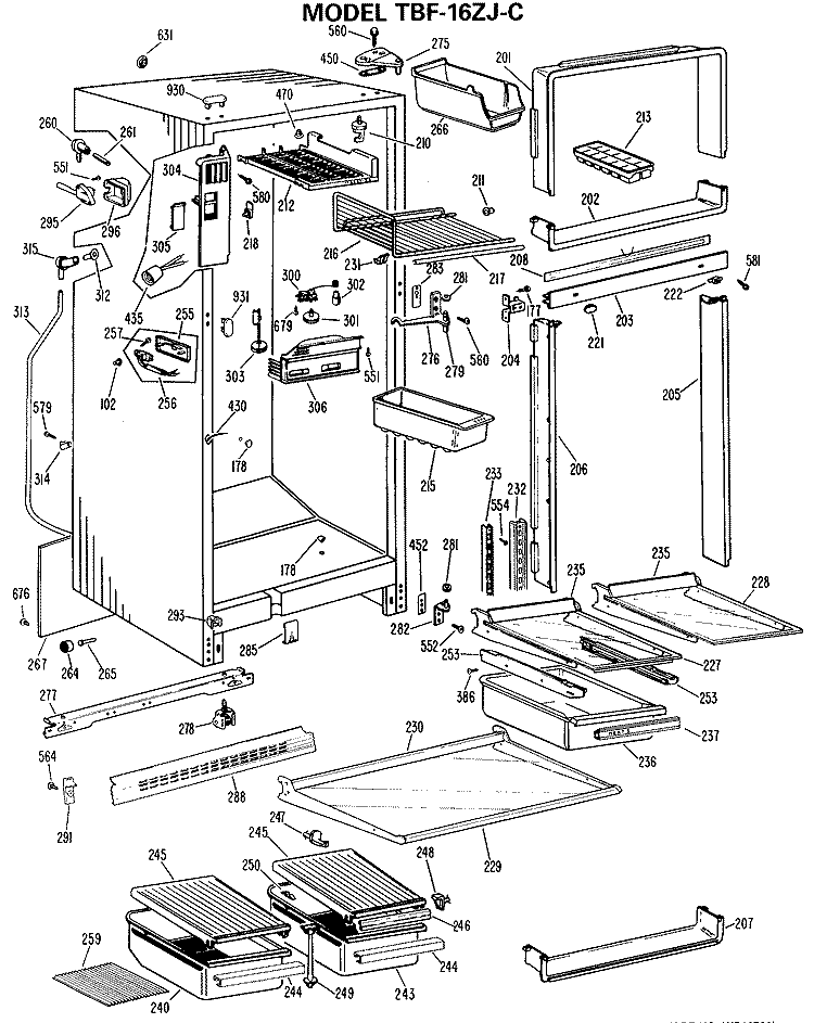 Section Diagram and Parts List for TBF16ZJC  General Electric Refrigerator
