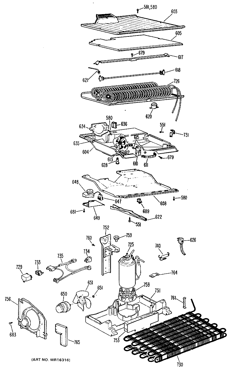 Section Diagram and Parts List for TBF16VJC  General Electric Refrigerator