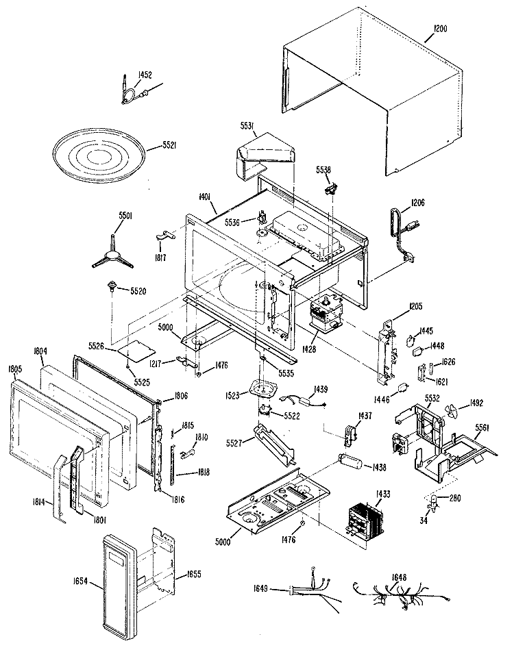 Section Diagram and Parts List for JE1555T01  General Electric Microwave