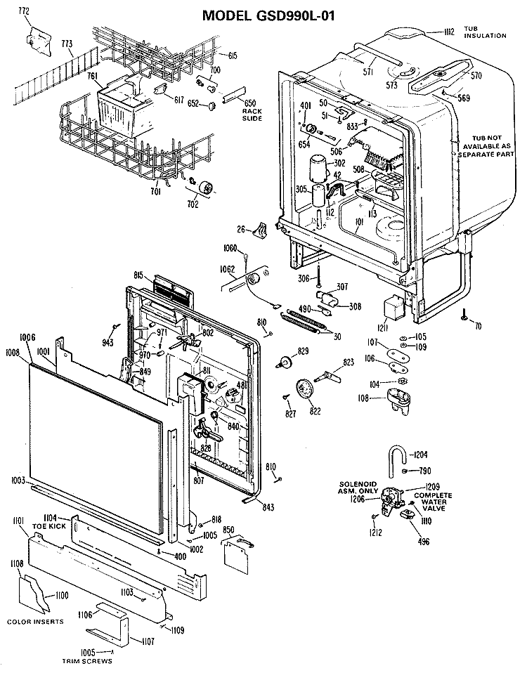 Section Diagram and Parts List for GSD990L-01  General Electric Dishwasher