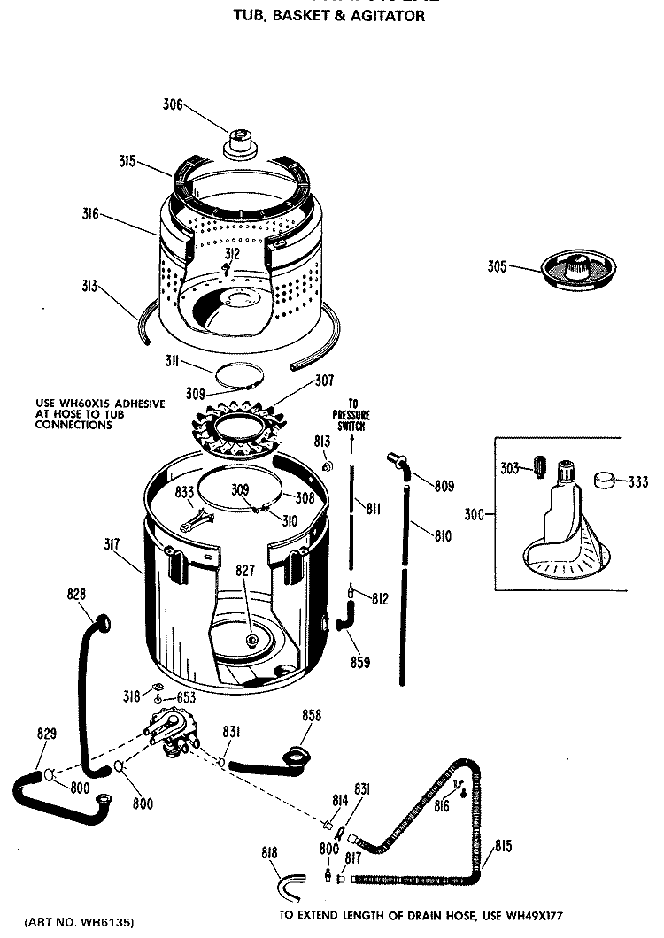 TUB, BASKET & AGITATOR Diagram and Parts List for WWA7010GAL  General Electric Washer