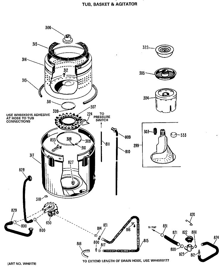 TUB, BASKET & AGITATOR Diagram and Parts List for WWA8366LAL  General Electric Washer