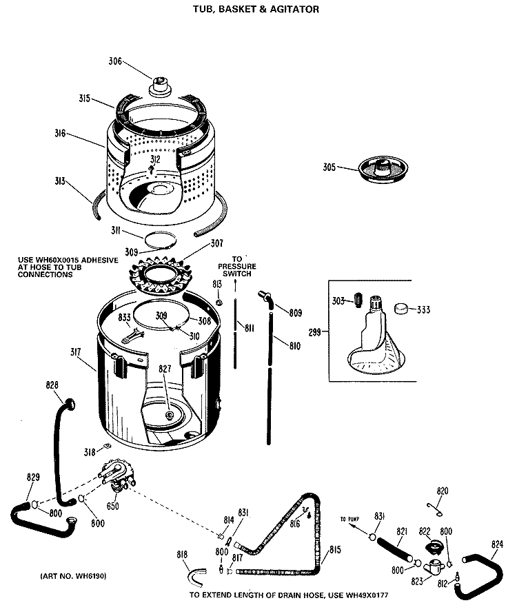 TUB, BASKET & AGITATOR Diagram and Parts List for WWA8307LAL  General Electric Washer