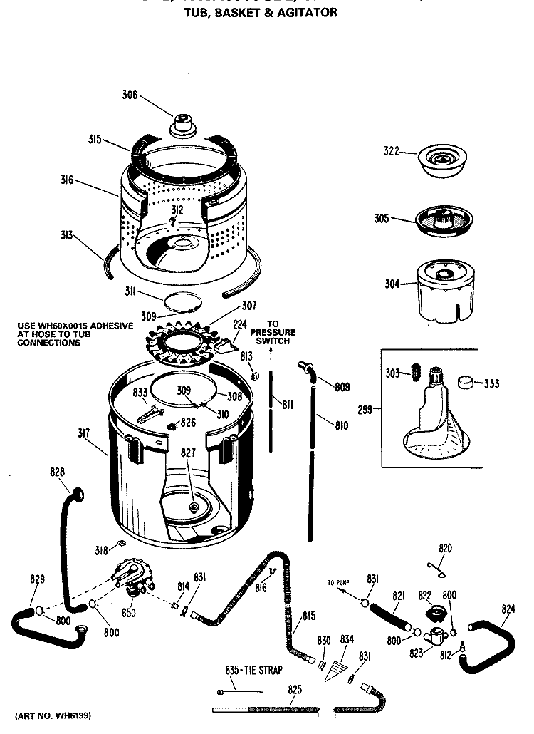 TUB, BASKET & AGITATOR Diagram and Parts List for WWA8306LBL  General Electric Washer