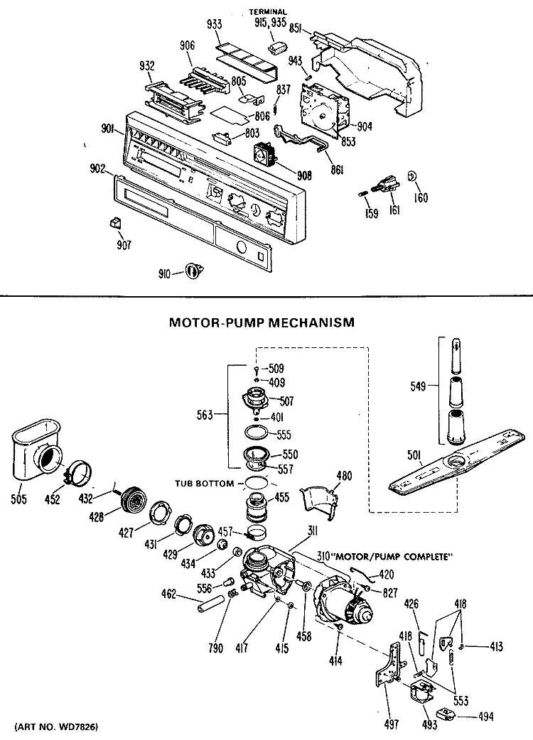 MOTOR - PUMP MECHANISM Diagram and Parts List for GSD940L-03  General Electric Dishwasher