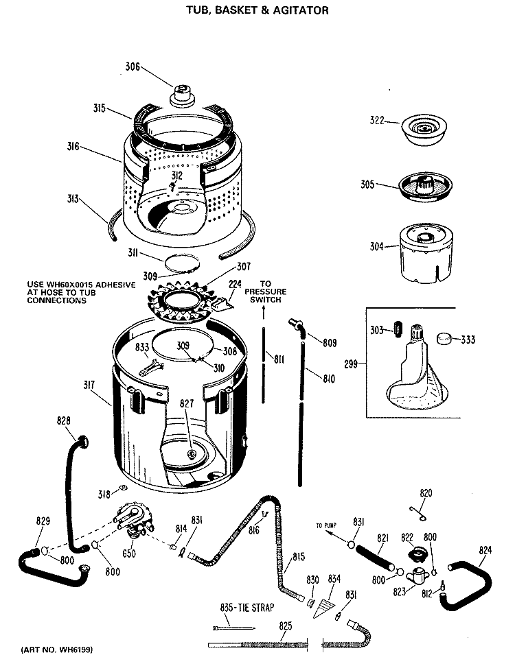 TUB, BASKET & AGITATOR Diagram and Parts List for WWA8320GBL  General Electric Washer