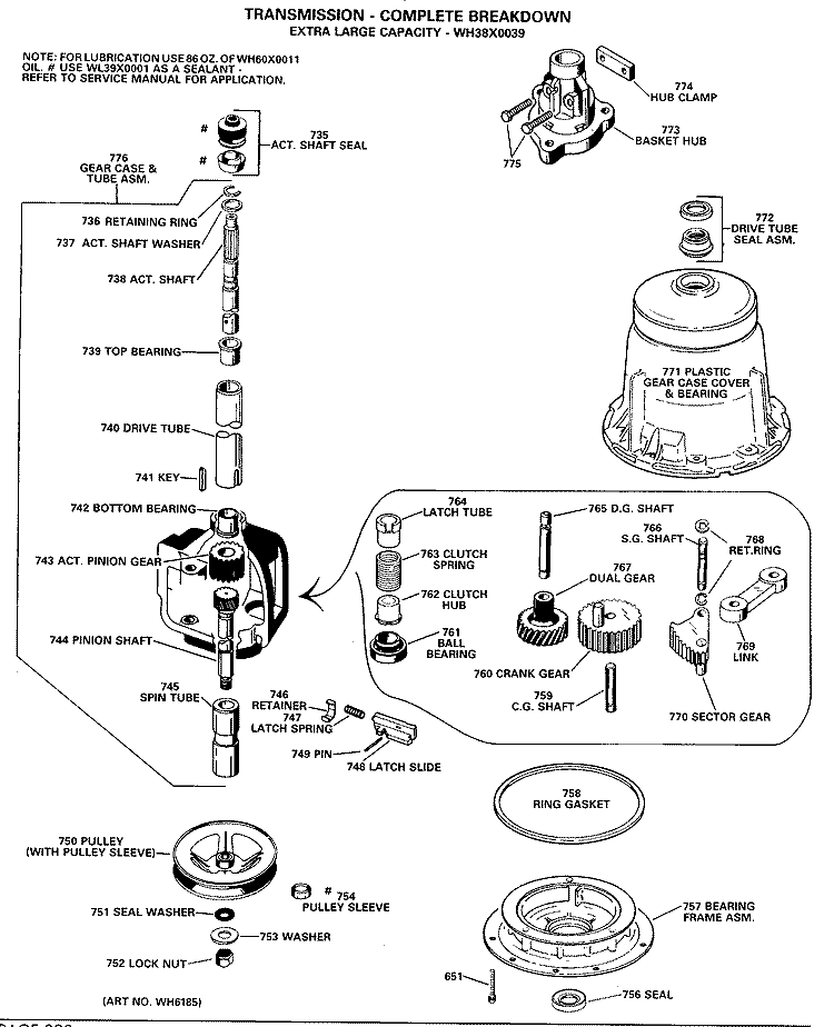 TRANSMISSION - COMPLETE BREAKDOWN Diagram and Parts List for WWA8320GBL  General Electric Washer