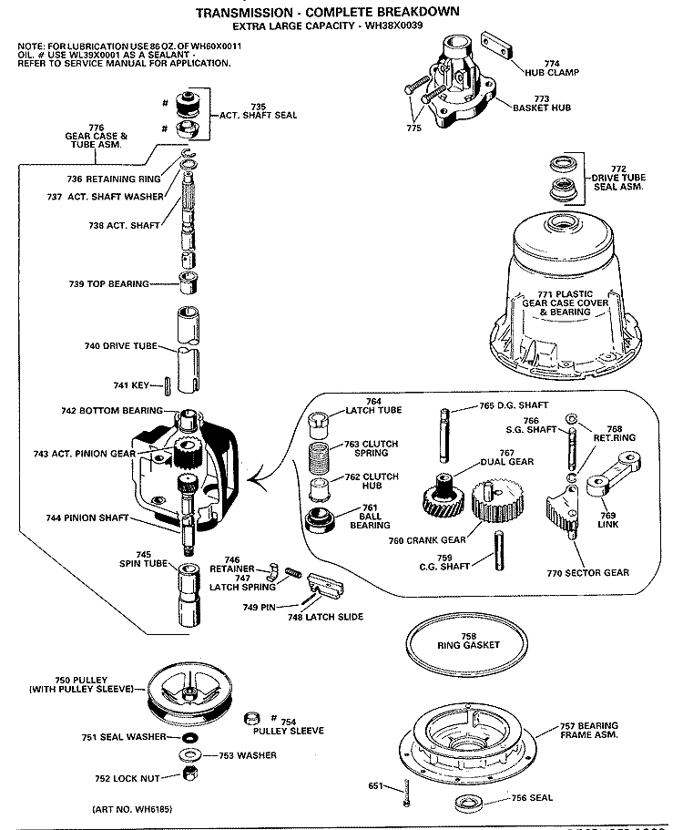 TRANSMISSION - COMPLETE BREAKDOWN Diagram and Parts List for WWA8307LBL  General Electric Washer