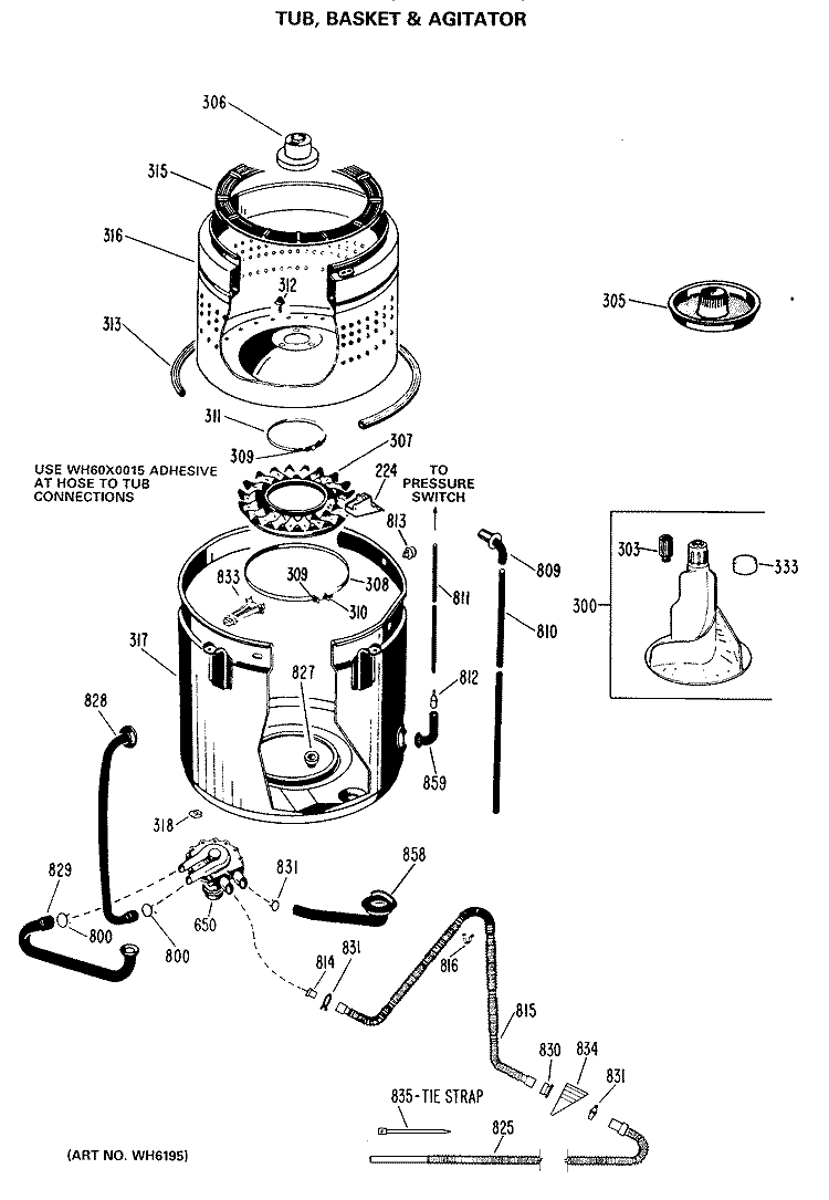 TUB, BASKET & AGITATOR Diagram and Parts List for WWA7304VLL  General Electric Washer