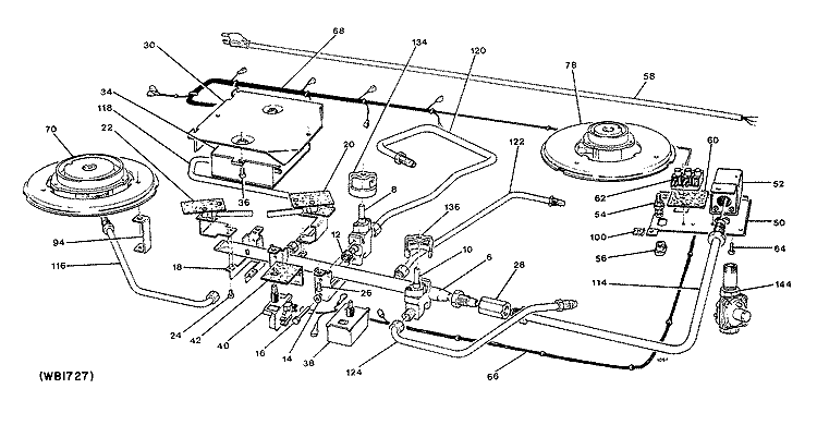 Section Diagram and Parts List for JGP641EM1WG  General Electric Cooktop