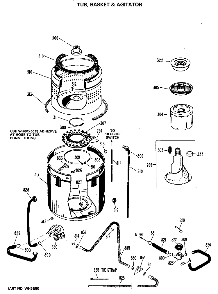 TUB, BASKET & AGITATOR Diagram and Parts List for WWA8689MAL  General Electric Washer