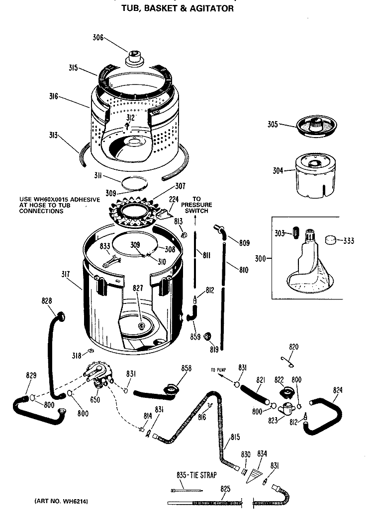 TUB, BASKET & AGITATOR Diagram and Parts List for WWA7619MAL  General Electric Washer