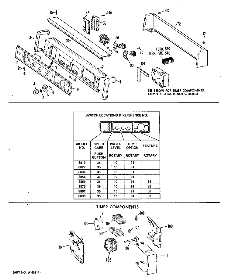 TIMER COMPONENTS Diagram and Parts List for WWA8898MAL  General Electric Washer