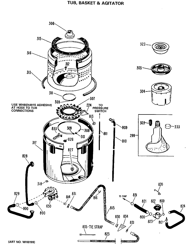 TUB, BASKET & AGITATOR Diagram and Parts List for WWA8898MAL  General Electric Washer