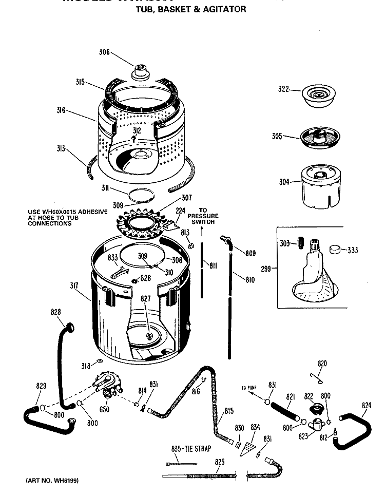 TUB, BASKET & AGITATOR Diagram and Parts List for WWA9890MAL  General Electric Washer