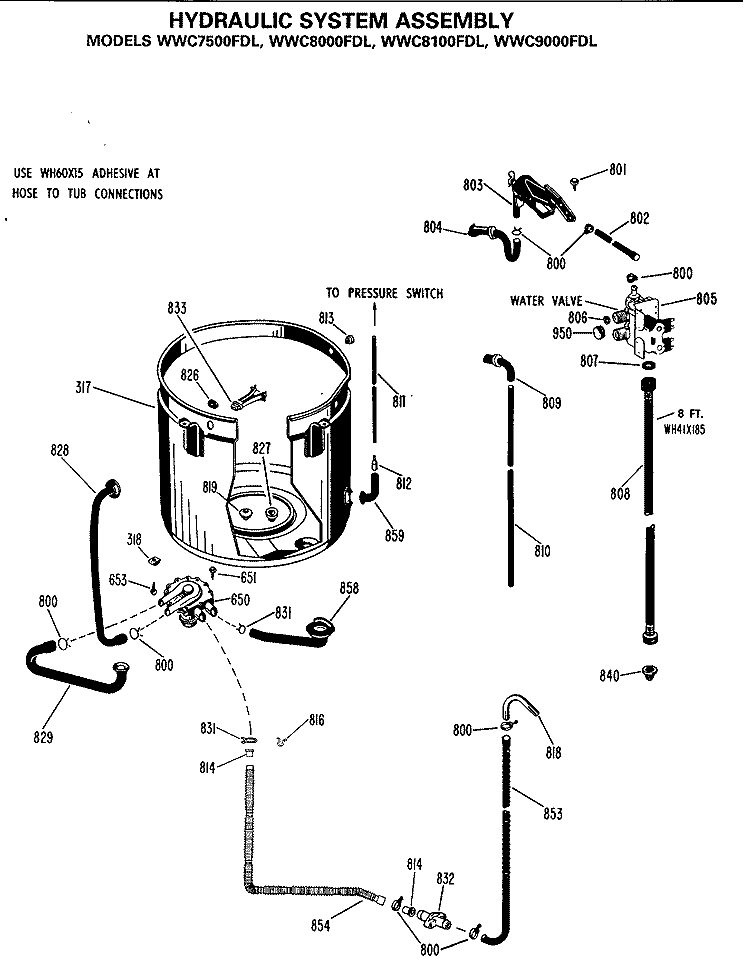 HYDRAULIC SYSTEM ASSEMBLY Diagram and Parts List for WWC7500FDL  General Electric Washer