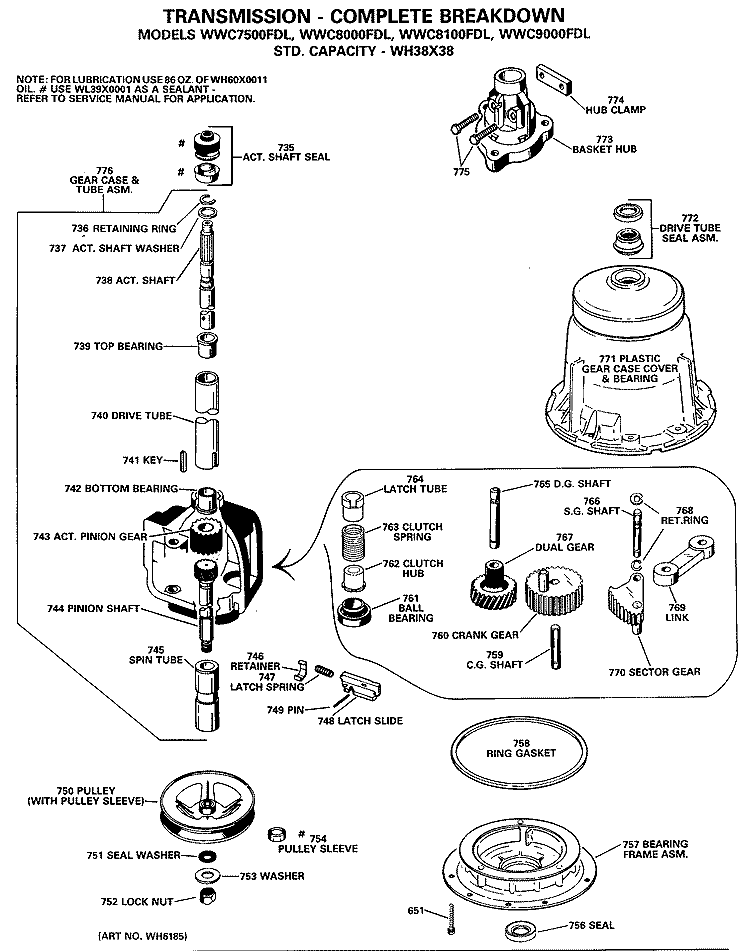 TRANSMISSION - COMPLETE BREAKDOWN Diagram and Parts List for WWC7500FDL  General Electric Washer