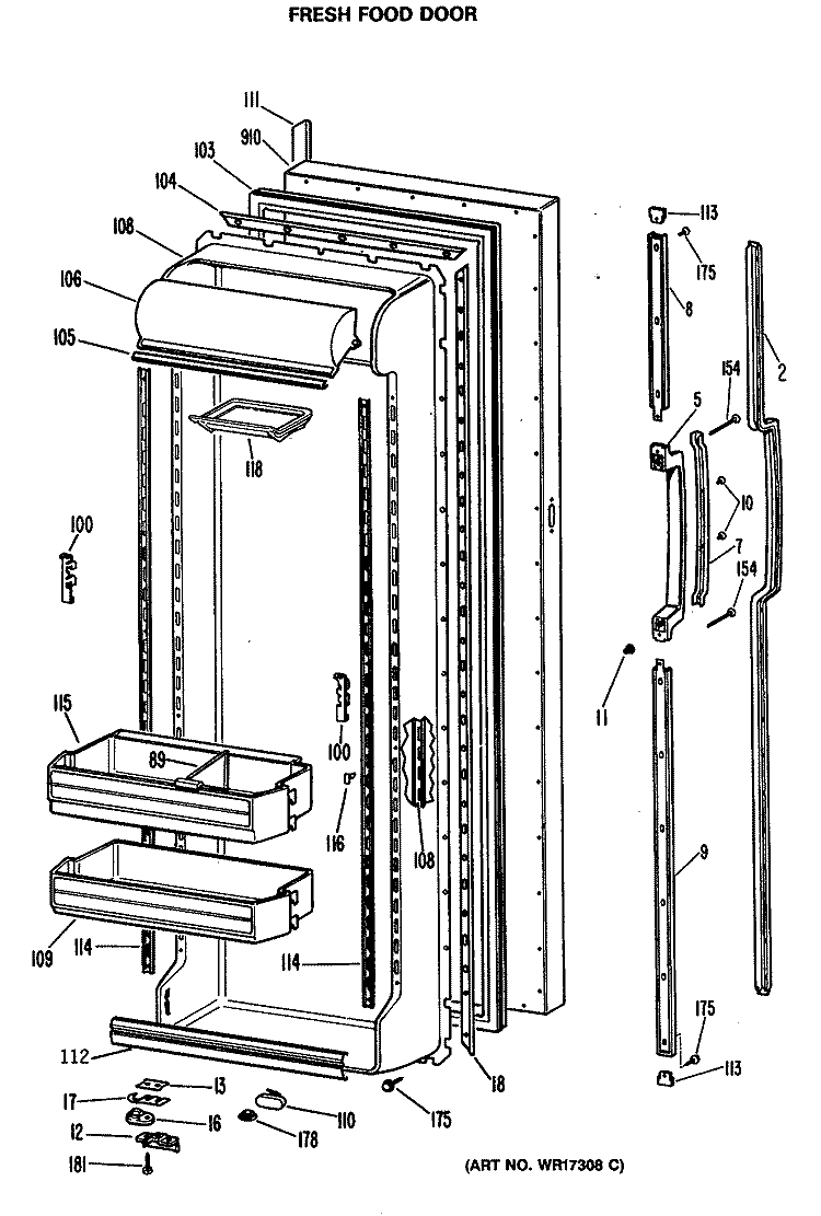 FRESH FOOD DOOR Diagram and Parts List for TFXE24RMA  General Electric Refrigerator