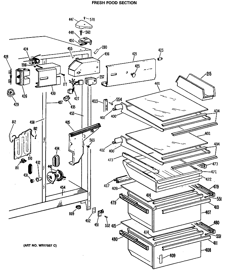 FRESH FOOD SECTION Diagram and Parts List for TFXE24RMA  General Electric Refrigerator