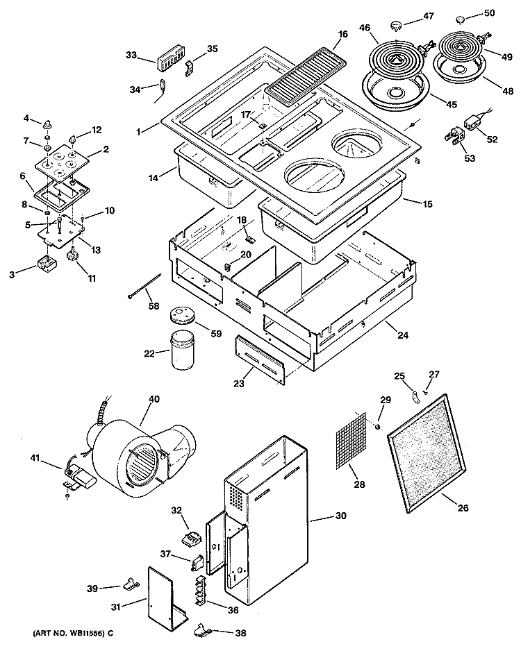 Section Diagram and Parts List for JP383B9R1BC  General Electric Cooktop