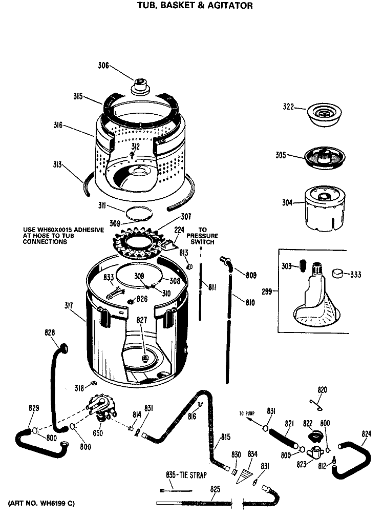 TUB, BASKET & AGITATOR Diagram and Parts List for WWA8810MAL  General Electric Washer