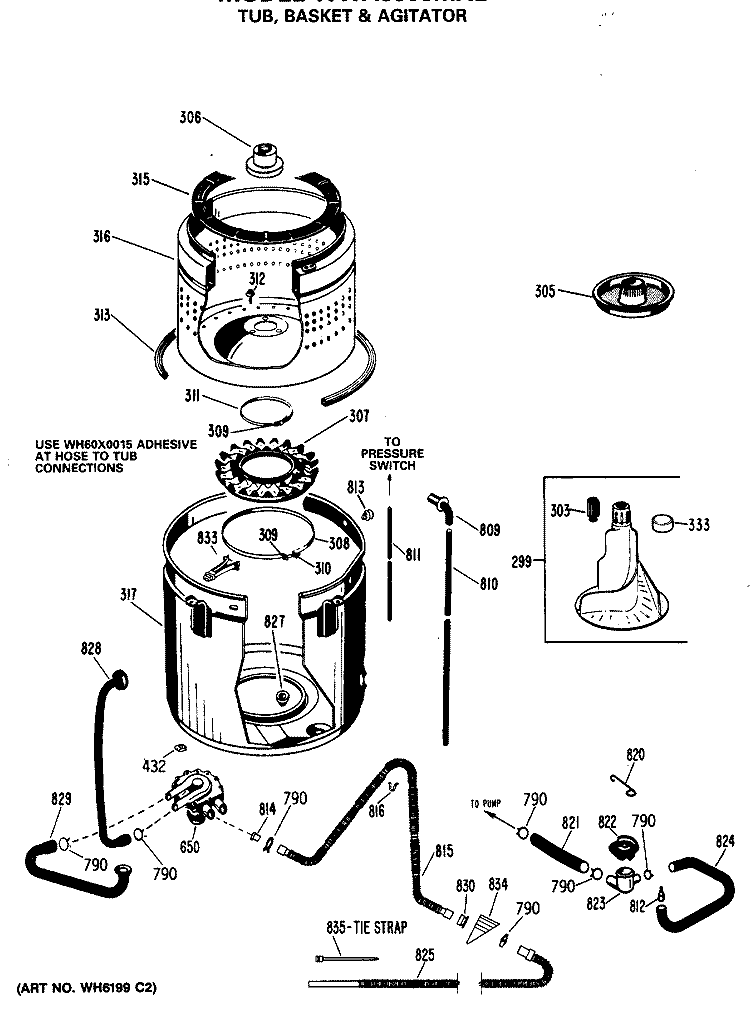 TUB, BASKET & AGITATOR Diagram and Parts List for WWA8608MXL  General Electric Washer