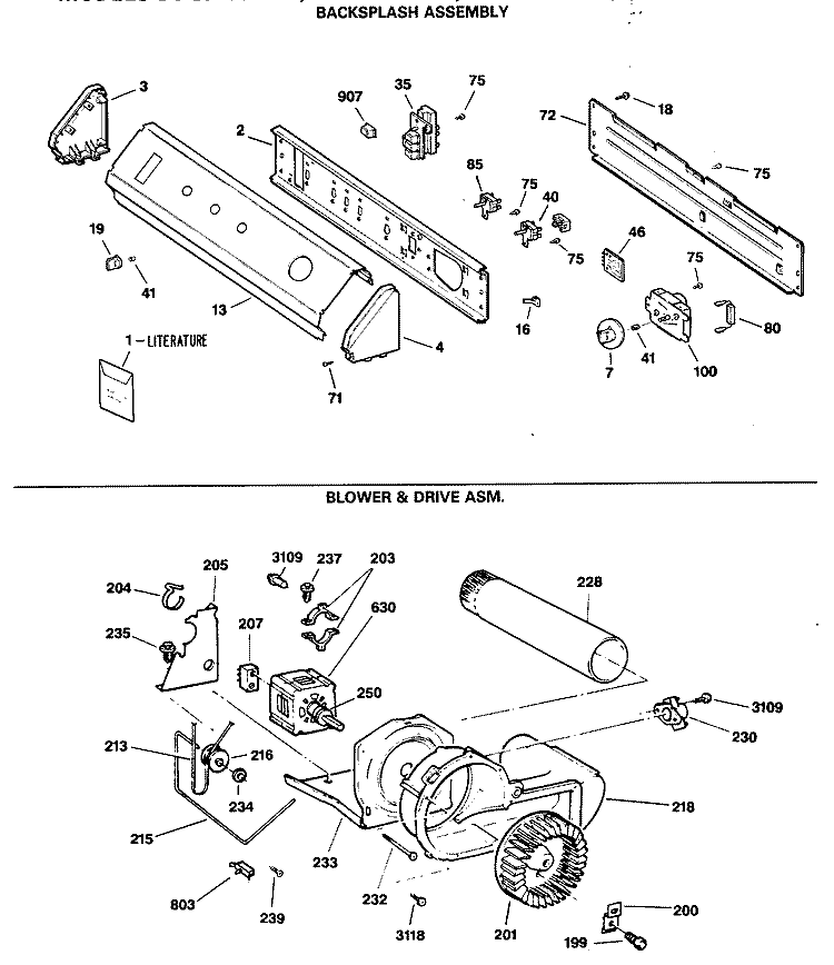 BACKSPLASH ASSEMBLY Diagram and Parts List for DDE9500RAM  General Electric Dryer