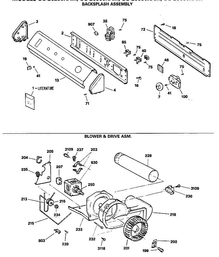 BACKSPLASH ASSEMBLY Diagram and Parts List for DDG8580RAM  General Electric Dryer