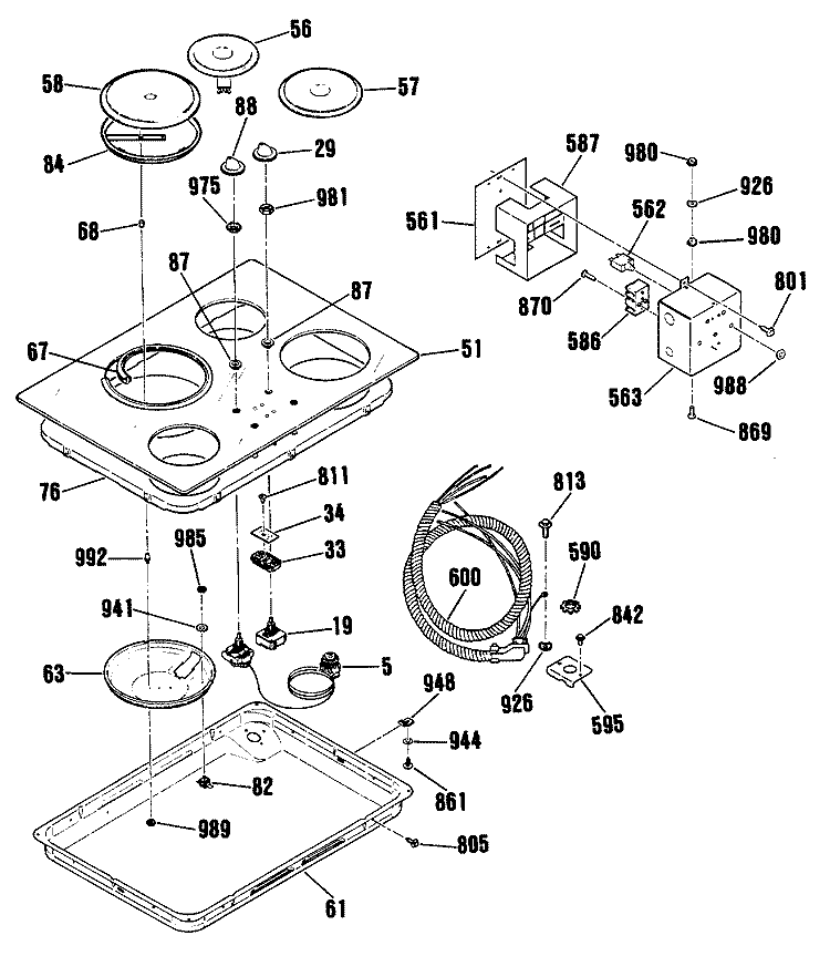 Section Diagram and Parts List for PR437M1WG  General Electric Cooktop