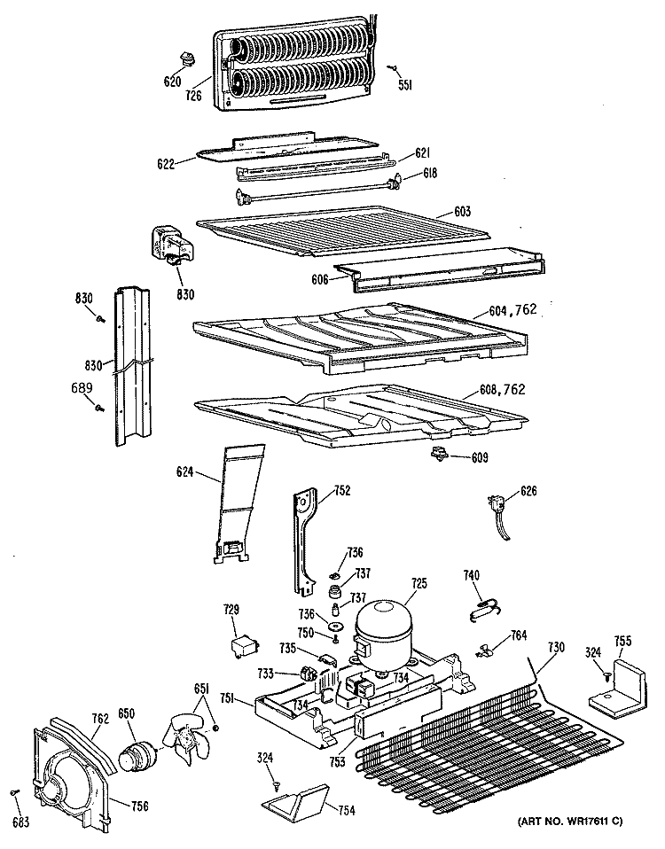 Section Diagram and Parts List for TBHB25RRDRBK  General Electric Refrigerator