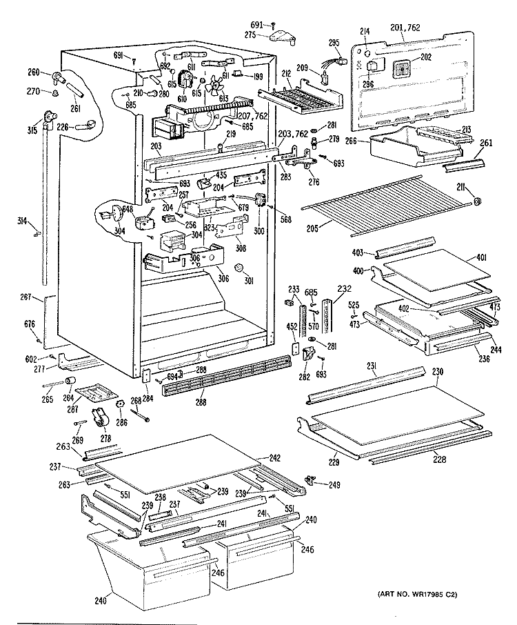 Section Diagram and Parts List for TBCW21ZRERWH  General Electric Refrigerator