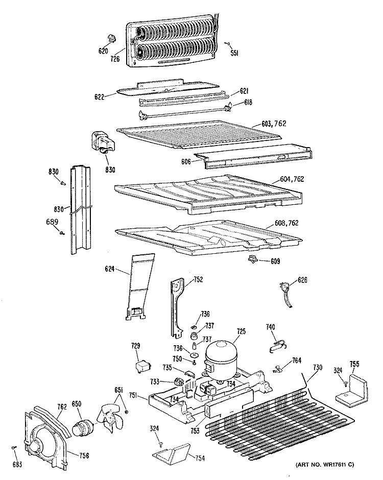 Section Diagram and Parts List for TBCW21ZRERWH  General Electric Refrigerator
