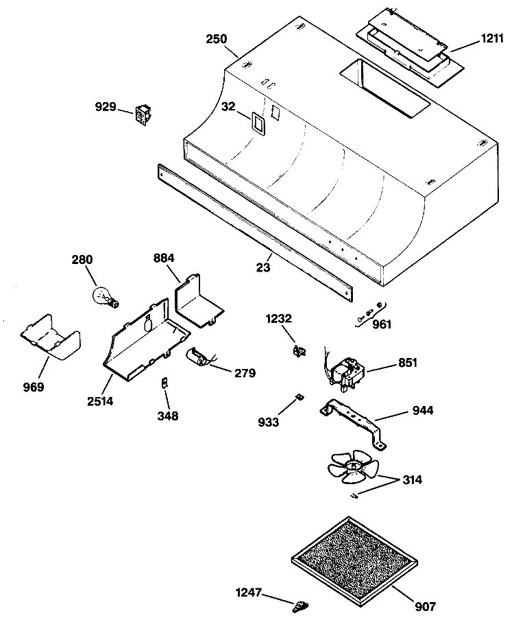 Section Diagram and Parts List for JV634S1  General Electric Range Hood