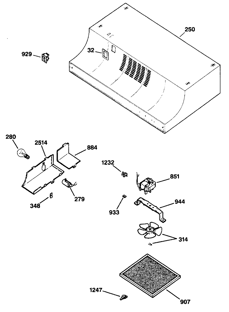 Section Diagram and Parts List for JN322S2  General Electric Range Hood
