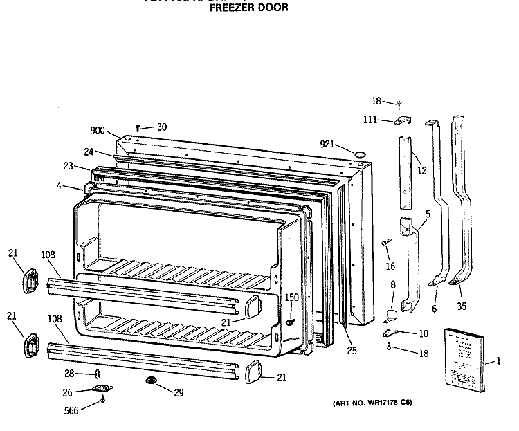 FREEZER DOOR Diagram and Parts List for TBX18DASGRWH  General Electric Refrigerator