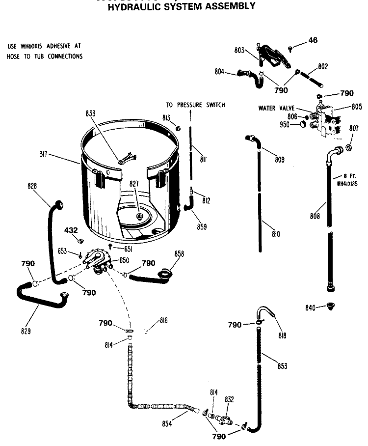 HYDRAULIC SYSTEM ASSEMBLY Diagram and Parts List for WWC8000SAL  General Electric Washer