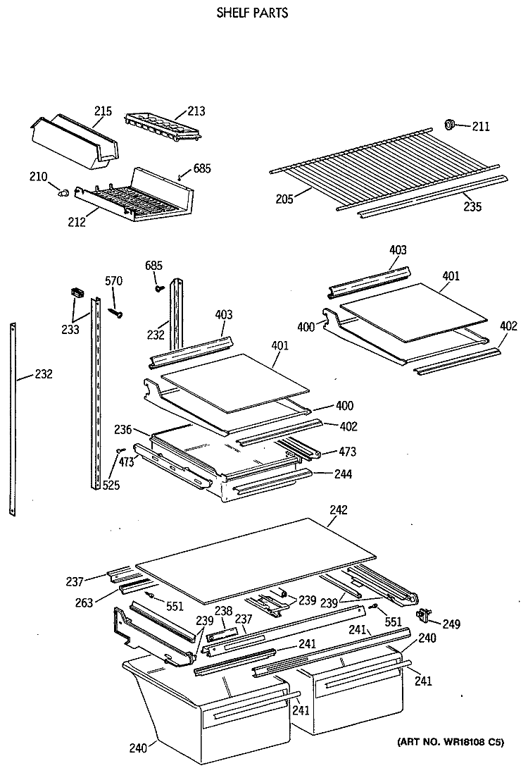 SHELF PARTS Diagram and Parts List for TBT25JATHRWH  General Electric Refrigerator