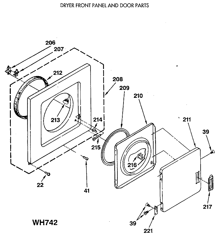 DRYER FRONT PANEL AND DOOR PARTS Diagram and Parts List for WSM2420SEZWW  General Electric Washer Dryer Combo