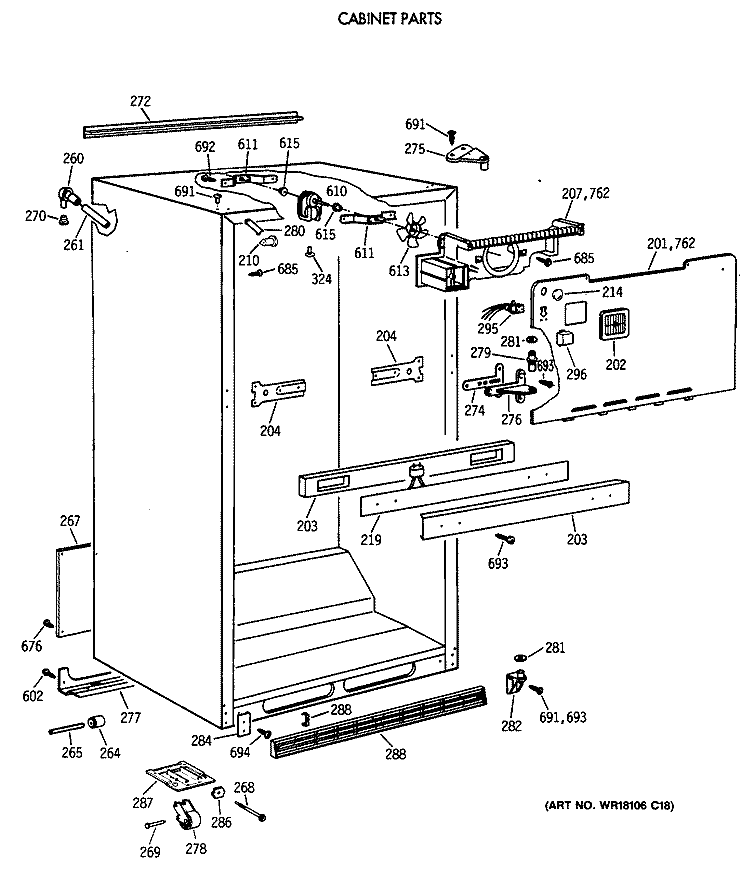 CABINET PARTS Diagram and Parts List for TBG21DAXDRWW  General Electric Refrigerator