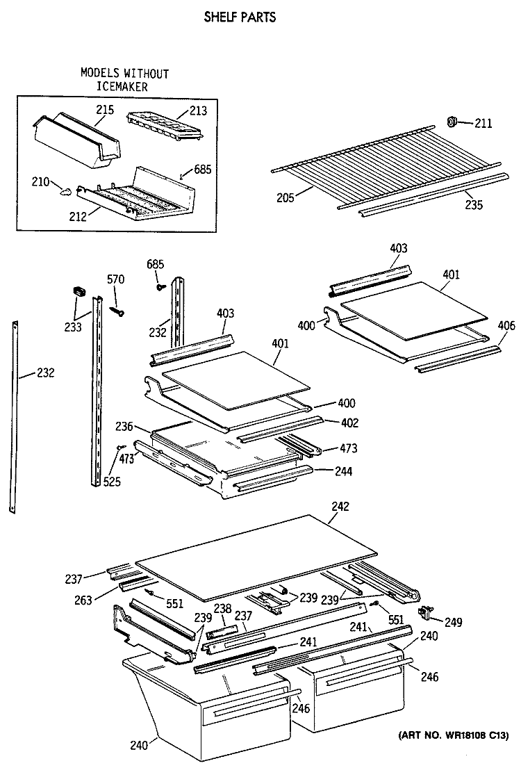 SHELF PARTS Diagram and Parts List for TBG21JAXDRWW  General Electric Refrigerator
