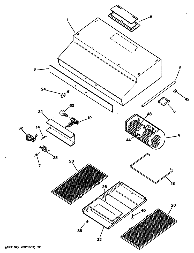 Section Diagram and Parts List for JV376VWW  General Electric Range Hood