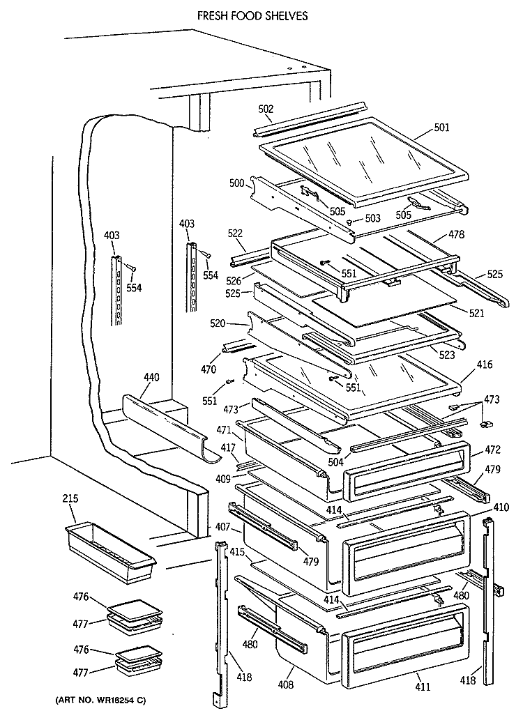 FRESH FOOD SHELVES Diagram and Parts List for TFT27PFXAWW  General Electric Refrigerator
