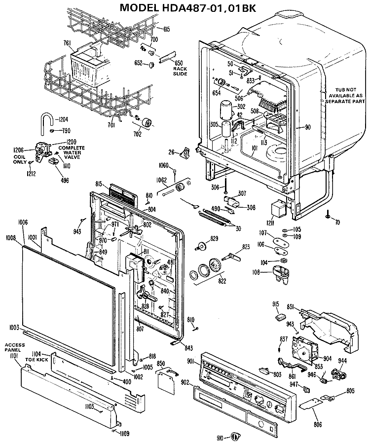 Section Diagram and Parts List for HDA487-01  Hotpoint Dishwasher