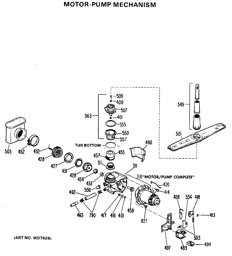 MOTOR - PUMP MECHANISM Diagram and Parts List for HDA487-01  Hotpoint Dishwasher