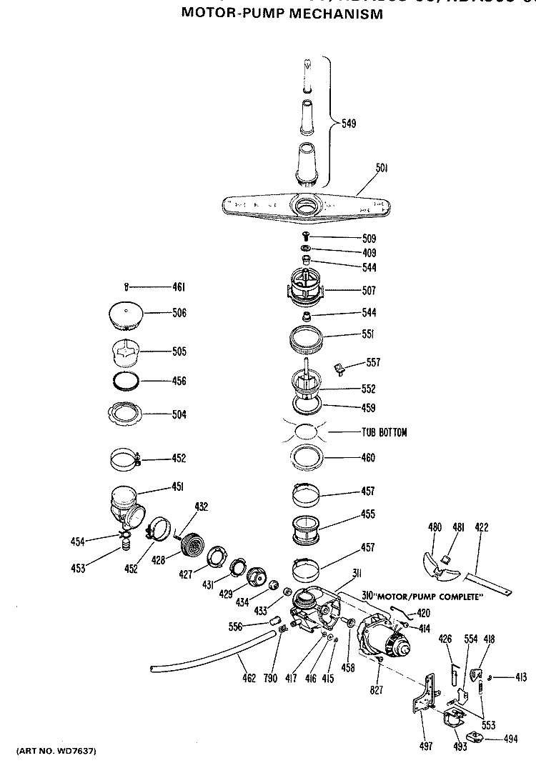 MOTOR - PUMP MECHANISM Diagram and Parts List for HDA965-06  Hotpoint Dishwasher