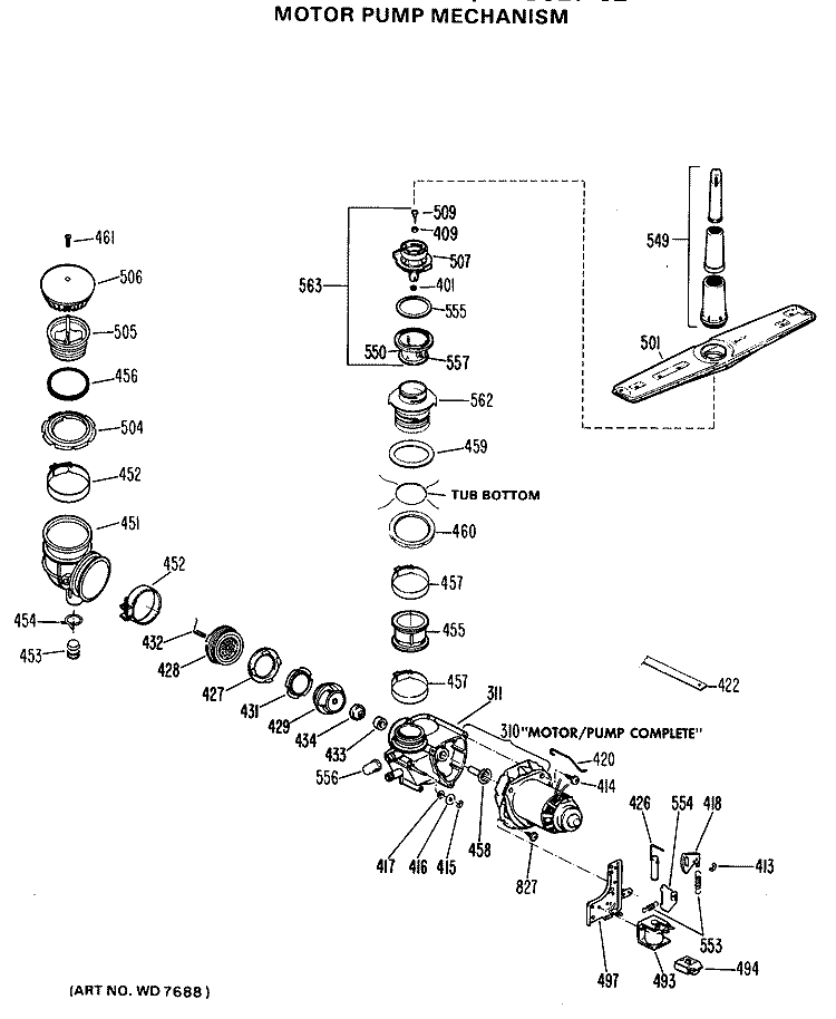 MOTOR PUMP MECHANISM Diagram and Parts List for HDB827-02  Hotpoint Dishwasher