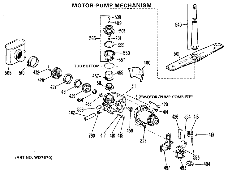 MOTOR - PUMP MECHANISM Diagram and Parts List for HSM507-01  Hotpoint Dishwasher