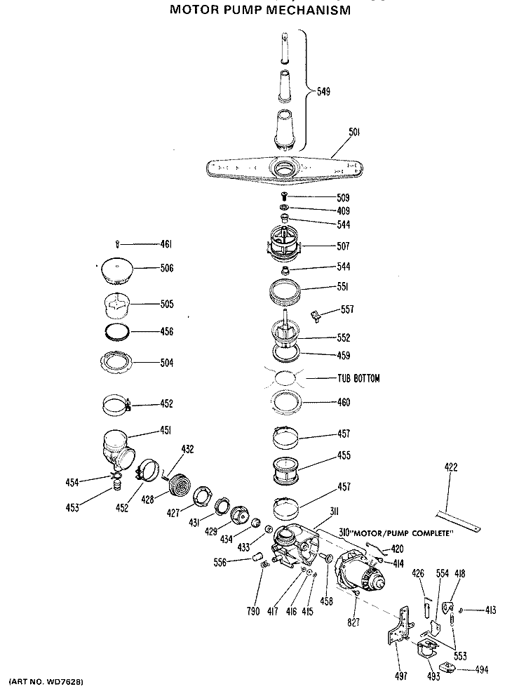 MOTOR PUMP MECHANISM Diagram and Parts List for HDB727-03  Hotpoint Dishwasher