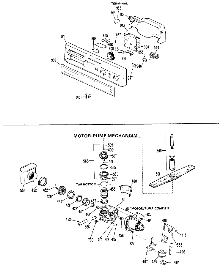 MOTOR - PUMP MECHANISM Diagram and Parts List for HSM507G-01  Hotpoint Dishwasher